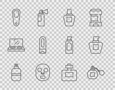 Sabit çizgi parfüm, yüz kozmetik maskesi, ayak süngeri, şampuan şişesi ve krem tüp ikonu. Vektör