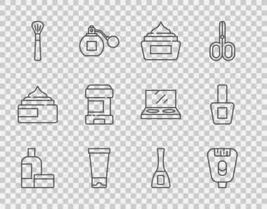 Krem ya da losyon kozmetik tüpü, Epilatör, makyaj fırçası, terleme önleyici deodorant rulo, tırnak cilası şişesi ve ikon. Vektör