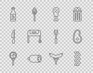 Mutfak termometresi, pastırma şeridi, tavuk budu, salam sosisi, acı sos, ızgara ızgara sosu, sosis çatalı ve biftek et ikonu. Vektör