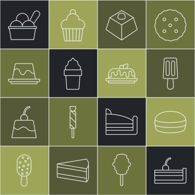 Cherry Cheesecake, Macaron kurabiyesi, dondurma, Brownie çikolatası, waffle konisi, puding kreması, kase ve kek ikonu. Vektör