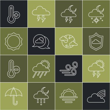 Gökkuşağını bulutlar, fırtına, hava tahmini, konum, güneş, meteoroloji termometresi ve Dünya gezegeni ikonu ile ayarlayın. Vektör