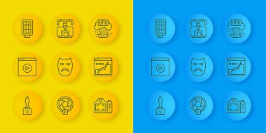 Set line Movie kupası, Online oyun videosu, Drama tiyatrosu maskesi, fotoğraf makinesi, Histogram grafik fotoğrafçılık, Softbox light, VFX ve Gimbal stabilizer ikonlu. Vektör