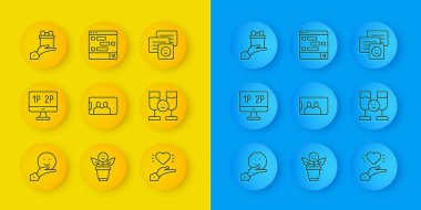 Set hattı Mutlu Dostluk Günü, Bilgisayar monitörü, Selfie Mobil, Mutlu İlişkiler, Arkadaşların Alkol Alması, Hediye Verme, Sohbet Mesajları Bilgisayarı ve Simgesi. Vektör