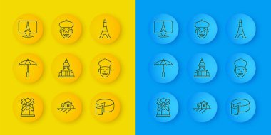 Windmill hattı, sahil için Umbrella, Müze binası, Cheese, Cook, Eiffel kulesi ve Fransız pandomim ikonu. Vektör