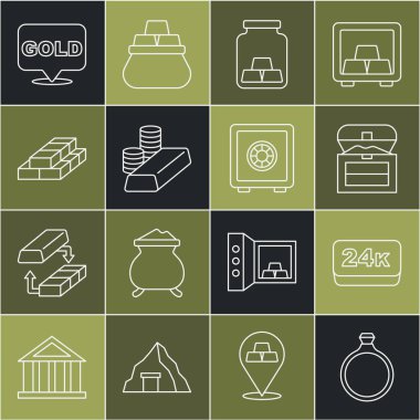 Altın yüzük, 24k külçe, antika hazine sandığı, altın sikke, kağıt para yığını ve kasa ikonu. Vektör