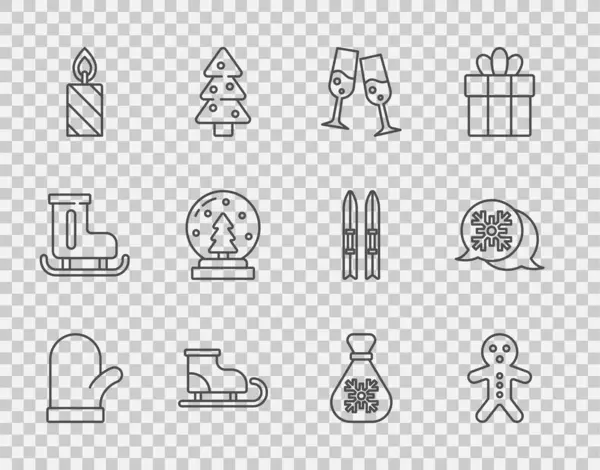 Set line Christmas mitten, Holiday gingerbread man cookie, Glass of champagne, Figure skates, Burning candle, snow globe, Santa Claus bag gift and Snowflake speech bubble icon. Vector