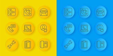 Hat anahtarı, telefon görüşmesi, 24 saat destek, cep telefonu, seçilmiş çalışan, gelen arama, e-posta ve simge. Vektör