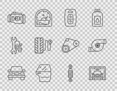 Hat ayarla, oto yıkama, uzaktan kumandalı anahtar, kontrol motoru, lastik basınç göstergesi, şok emici ve otomotiv turbo şarj ikonu. Vektör