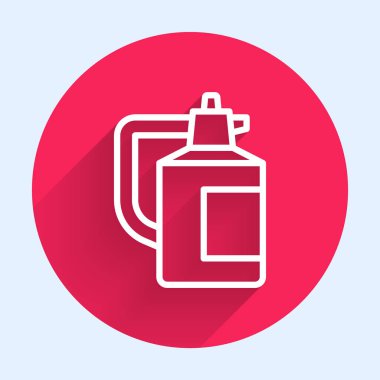 Su için beyaz çizgi bahçe spreyi, gübre, uzun gölgeli kimyasal ikon. Kırmızı daire düğmesi. Vektör.