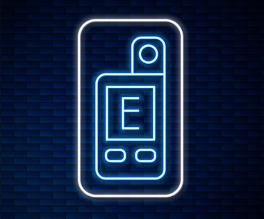 Parlayan neon hattı ışık ölçer simgesi tuğla duvar arka planında izole edildi. El lüksü. Radyasyon ölçer - parlaklığı ölçmek için bir cihaz. Vektör.