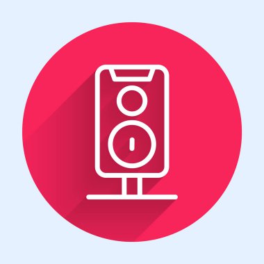 Beyaz çizgi Stereo hoparlör ikonu uzun gölgeli izole edildi. Ses sistemi hoparlörleri. Müzik ikonu. Müzikal sütun hoparlörü. Kırmızı daire düğmesi. Vektör.
