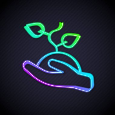 Parlayan neon hattı gönüllü takımı siyah arka planda izole edilmiş ağaç simgesi dikiyor. Bitkileri ve ağaçları koruyan ekolojik koruma. Vektör.