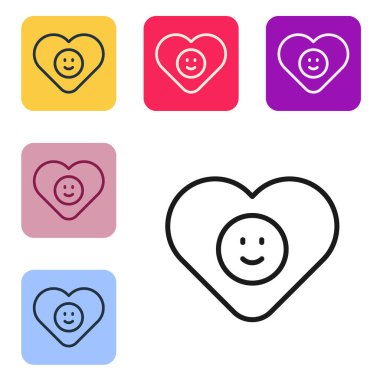 Siyah çizgi Beyaz zemin üzerinde iyi ilişki simgesi izole. Romantik ilişki mi yoksa hoş bir tanışma konsepti mi? Renkli kare düğmelerle simgeleri ayarla. Vektör.