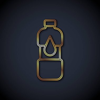 Siyah arka planda izole edilmiş altın çizgili su ikonu şişesi. Soda su içme tabelası. Vektör