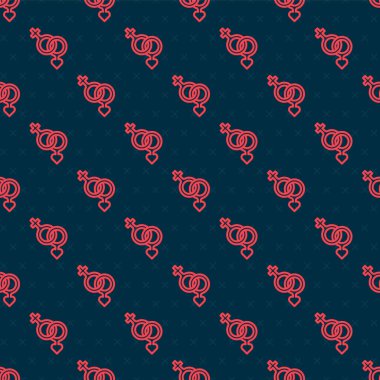 Kırmızı çizgi cinsiyet simgesi siyah arkaplanda izole edilmiş kusursuz desen. Erkek ve kadın sembolleri. Seks sembolü. Sevgililer günün kutlu olsun. Vektör