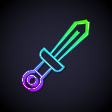 Parlayan neon hattı Ortaçağ kılıç ikonu siyah arka planda izole edildi. Ortaçağ silahı. Vektör