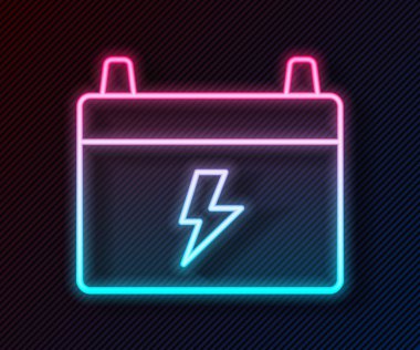 Parlak neon çizgili araba aküsü simgesi siyah arkaplanda izole edildi. Akümülatör bataryası enerji ve elektrik akümülatörü bataryası. Vektör