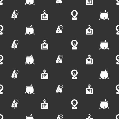 Radyoaktif, cadı kazanı, zehirli çiçek ve dikişsiz desenli iksirli şişe ayarlayın. Vektör