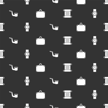 Papirüs parşömenini, kol saatini, tüttürme piposunu ve bavulunu pürüzsüz desene ayarla. Vektör