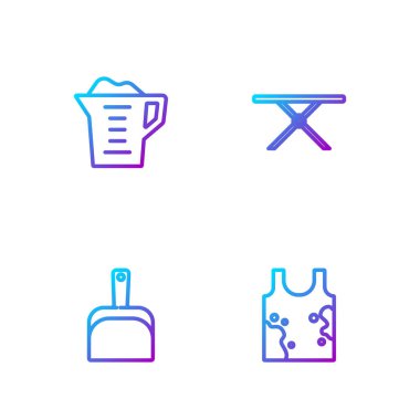 Sırayı Kirli Tişört, Faraş, Yıkama tozu ve Ütü Masası 'na ayarla. Renk simgeleri. Vektör