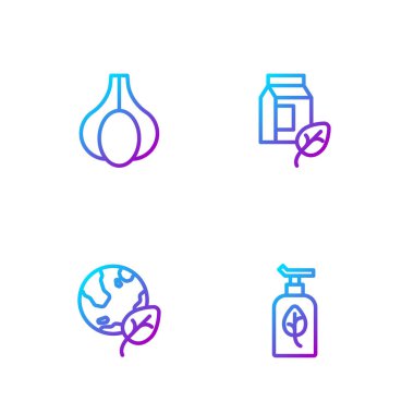 Organik kozmetik, toprak küresi ve yaprak, sarımsak ve vejetaryen sütü. Renk simgeleri. Vektör