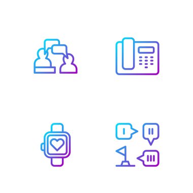 Hat planlama stratejisi, akıllı saat, konuşan iki adam ve 24 saat telefon desteği. Renk simgeleri. Vektör