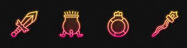 Değerli sihirli taş yüzük, ortaçağ kılıcı, cadı kazanı ve asası. Parlayan neon ikonu. Vektör