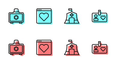 Acil durum çadırı, ilk yardım çantası, randevu uygulaması ve gönüllü kart ya da rozet ikonu. Vektör