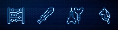 Dart oku, Abaküs, Kılıç oyuncağı ve oyuncak at. Tuğla duvarda parlayan neon simgesi. Vektör