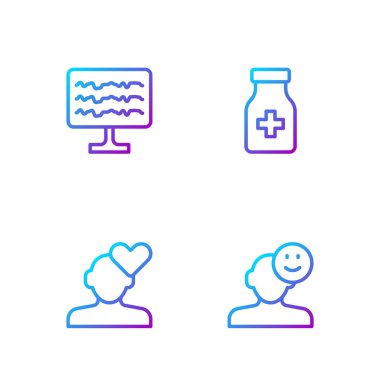 İyi ruh hali, kırık kalp ya da boşanma, ensefalogram ve sakinleştirici haplar. Renk simgeleri. Vektör