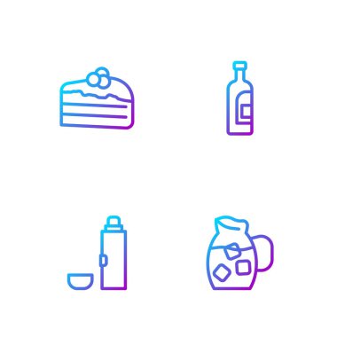 Bardakta su, termos kabı, kek ve şişe şarap olsun. Renk simgeleri. Vektör