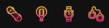 Bilek saati, kaykay, mikrofon ve kelepçe ayarlayın. Parlayan neon ikonu. Vektör