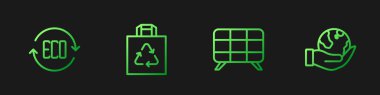 Güneş enerjisi paneli, Yaprak Çevre sembolü, geri dönüşümlü alışveriş torbası ve Dünya 'yı tutan el çantası. Renk simgeleri. Vektör