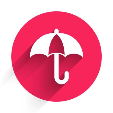 Beyaz klasik açık şemsiye simgesi uzun gölgeli izole edilmiş. Yağmur koruma sembolü. Kırmızı daire düğmesi. Vektör.