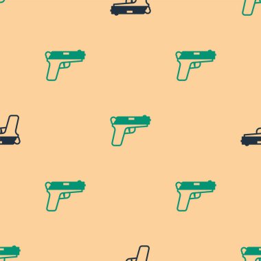 Yeşil ve siyah Pistol veya silah ikonu bej arka planda izole edilmiş pürüzsüz desen. Polis ya da askeri silah. Küçük ateşli silah. Vektör.