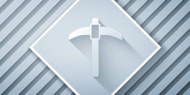 Kağıt kesiği Kazma simgesi gri arkaplanda izole edildi. Kağıt sanatı tarzı. Vektör