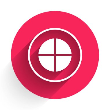 Beyaz Dünya küre simgesi uzun gölge arkaplanı ile izole edilmiş. Dünya ya da Dünya işareti. Küresel internet sembolü. Geometrik şekiller. Kırmızı daire düğmesi. Vektör