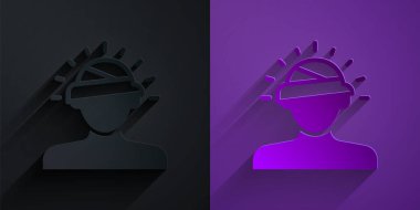 Paper cut Concussion, headache, dizziness, migraine icon isolated on black on purple background. Paper art style. Vector
