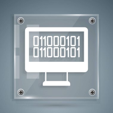 White Binary code icon isolated on grey background. Square glass panels. Vector