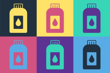 Motor makine yağı ikonu için pop sanat kutusu renk arkaplanında izole. Benzin bidonu. Yağ değiştirme ve onarım servisi. Vektör