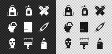 Okul çantası, boya sprey tabancası, kar maskesi, fırça, boya, guaj, kavanoz, boya, sprey başlık ve Spiral defter simgesi. Vektör