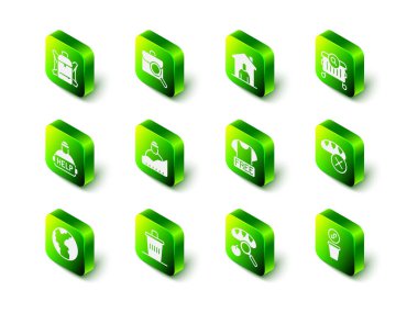 İş yeri araması, evsizler için barınak, yiyecek arama, bağış, para, kıyafet bağışı ve çöp kutusu ikonu. Vektör