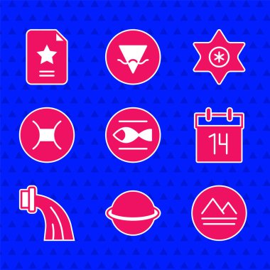 Balık burcu, Satürn gezegeni, Dünya elementi, Takvim, Kova, Gemini, kayan yıldız ve yıldız takımyıldızı ikonu. Vektör