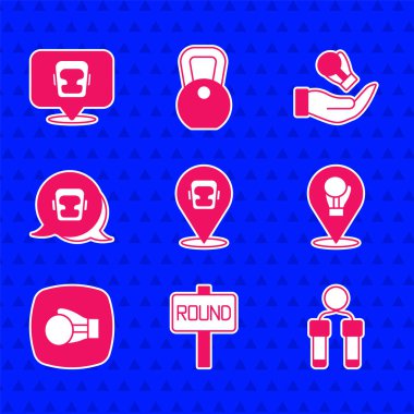 Boks kaskı, halka tahtası, ip atlama, eldiven ve ikon. Vektör