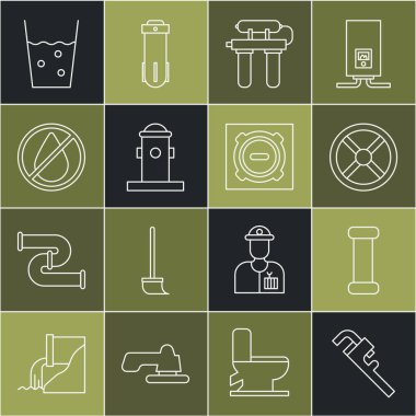 Hat ayarlanabilir boru anahtarı, endüstriyel metalik boru, valf, su filtresi, yangın musluğu, düşme yasağı, su ve kanalizasyon kapağı ikonlu cam. Vektör