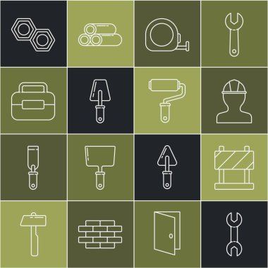 Halat anahtarı, yol bariyeri, işçi kaskı, rulet inşaatı, Trowel, Alet kutusu, altıgen metal fındık ve boya fırçası ikonu. Vektör