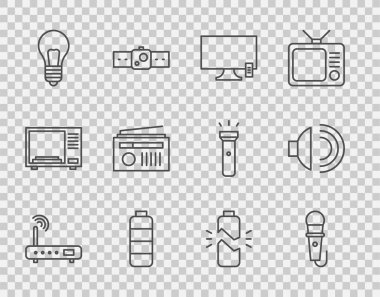 Hat yönlendirici ve kablosuz bağlantı sinyali, mikrofon, akıllı televizyon, pil şarj seviyesi göstergesi, fikir kavramına sahip ampul, radyo anteni, bozuk pil ve hoparlör ses simgesi. Vektör