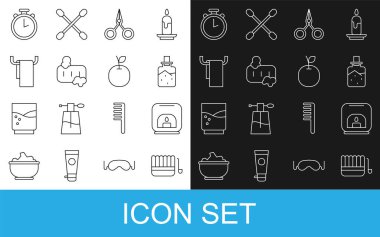 Sauna kovası ve kepçe, Aroma lambası, spa tuzu, makas, köpüklü sabun askıda havlu, Kronometre ve Apple ikonu. Vektör