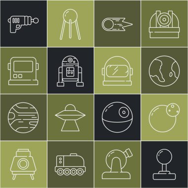 Set çizgisi Joystick, Planet, Earth Globe, Comet 'in hızla düşüşü, Robot, astronot miğferi, ışın tabancası ve ikon. Vektör