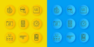 Satır sitesi haritası, web sitesi şablonu, UI veya UX tasarımı, Mobil Uygulamalar, istatistik, zaman parası ve grafik simgesi ayarla. Vektör